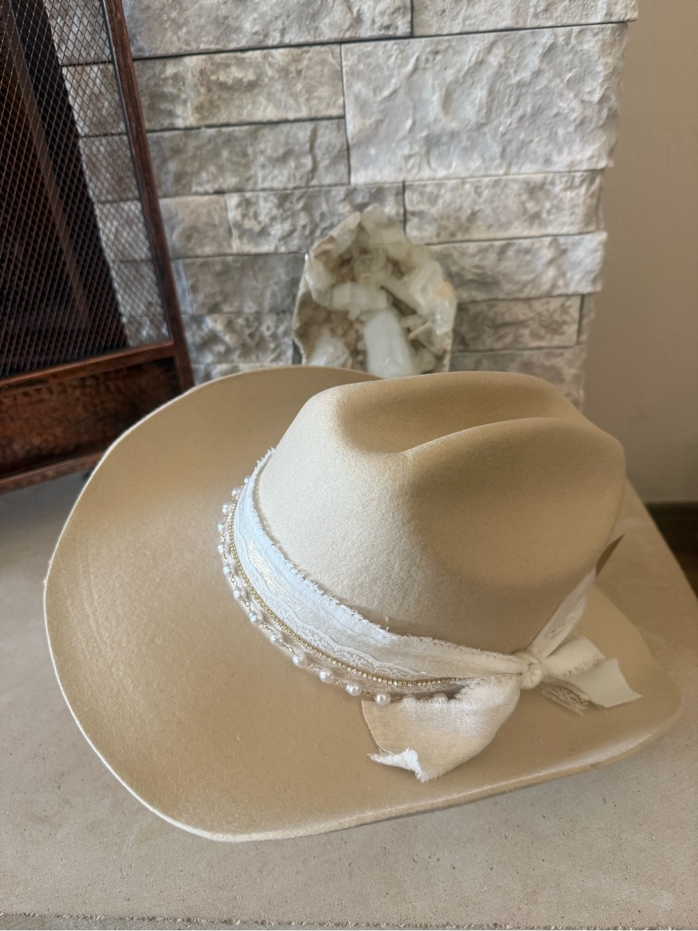 Cream Wide-Brim Cowboy Hat with Pearl Trim